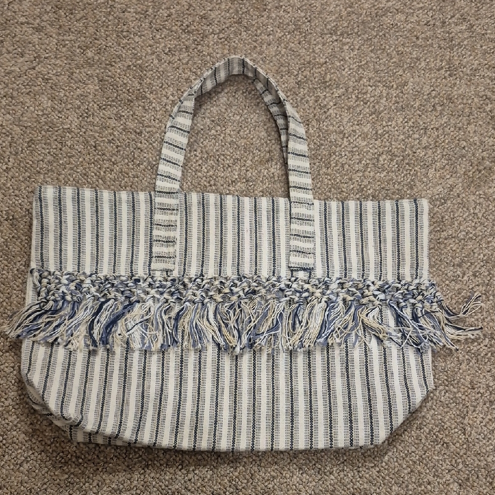 Aerie Striped Blue and White Fringe Tote Bag